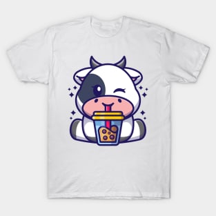 Cute cow drinking boba milk tea cartoon T-Shirt